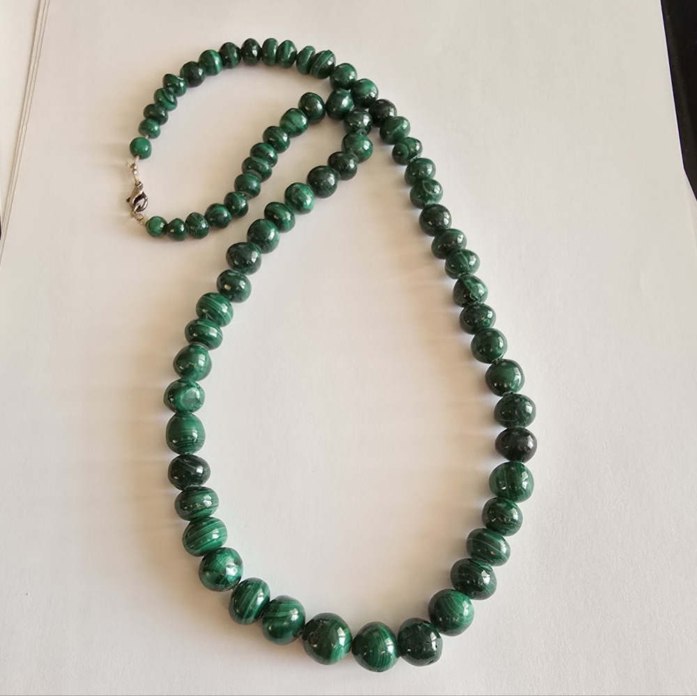 Vintage Malachite necklace green stone  beads graduated size beaded long